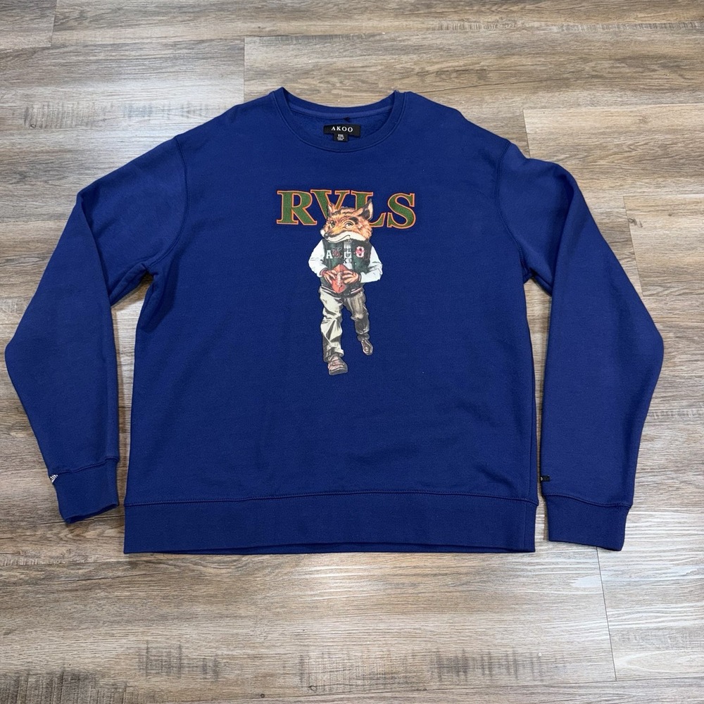 AKOO Shirt Sweater Mens 2X-Large Pullover Sweatshirt Royal Blue Big Fox Graphic